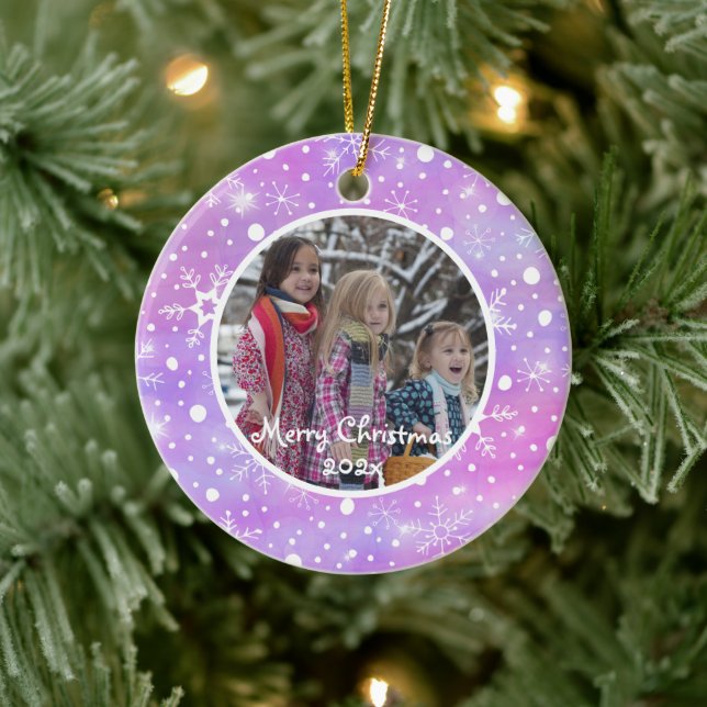 Merry Christmas Pink Snowflake Photo Ceramic Ornament (Tree)