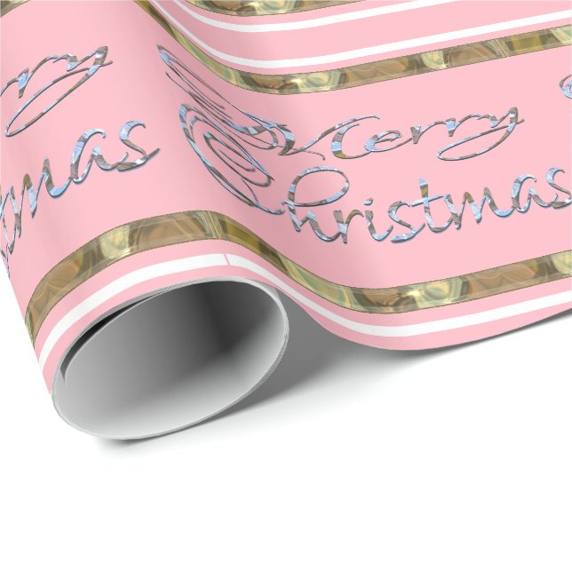 Merry Christmas Pink Striped Elegant Holiday Wrapping Paper (Roll Corner)