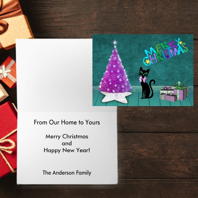 Merry Christmas Pink Tree Cat Presents on Teal Holiday Card (Pink silver tree black cat pink bow wrapped gifts on teal Merry Christmas greeting card.)