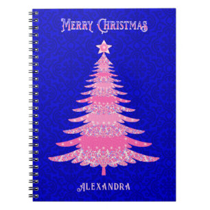 Merry Christmas Pink Tree Personalised Snowflakes Notebook