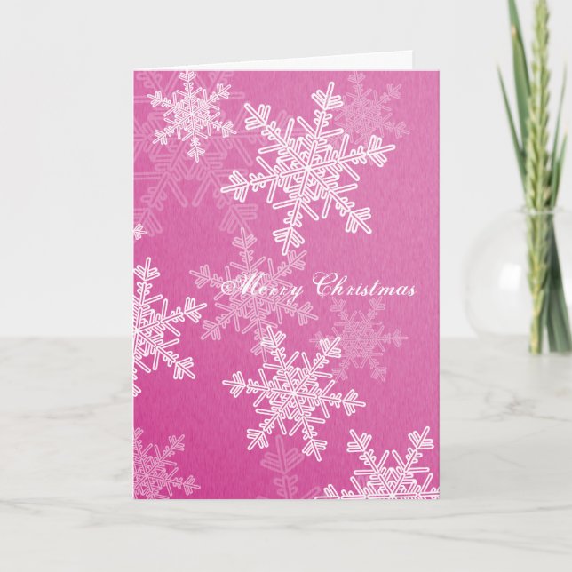 Merry Christmas Pink White Snowflakes Minimalist Holiday Card (Front)
