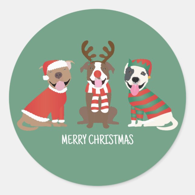 Merry Christmas Pit Bull Dogs Classic Round Sticker (Front)