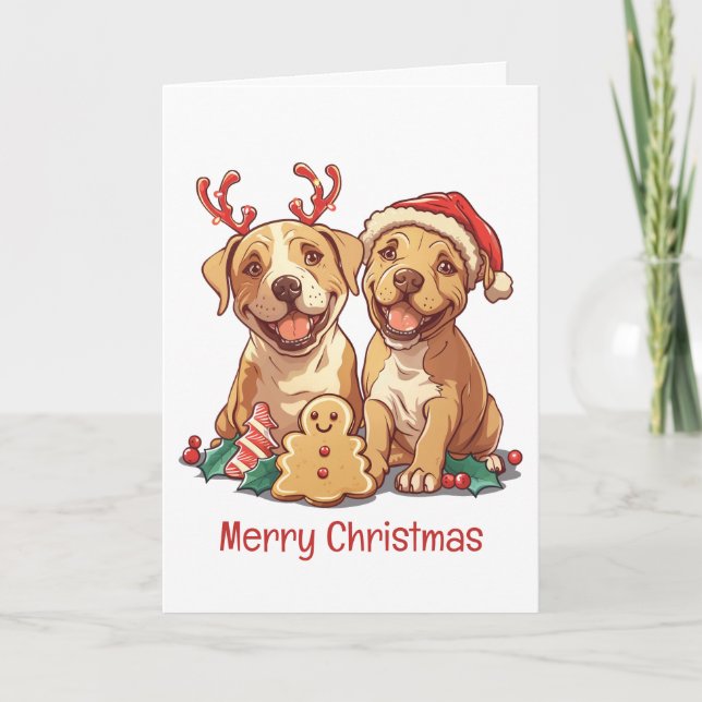 Merry Christmas Pit Bull Dogs Holiday Card (Front)