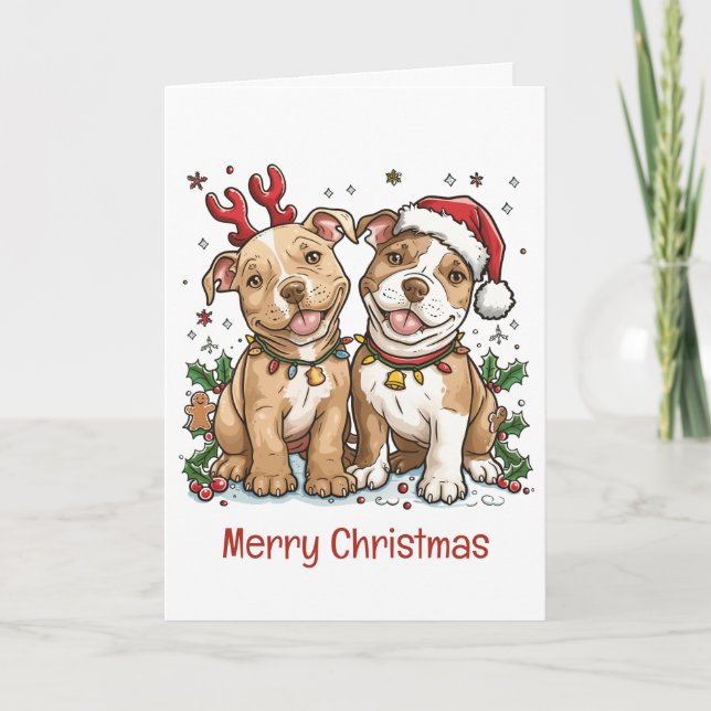 Merry Christmas Pit Bull Dogs Holiday Card (Front)