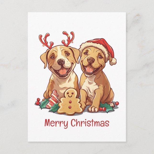 Merry Christmas Pit Bull Dogs Holiday Postcard (Front)
