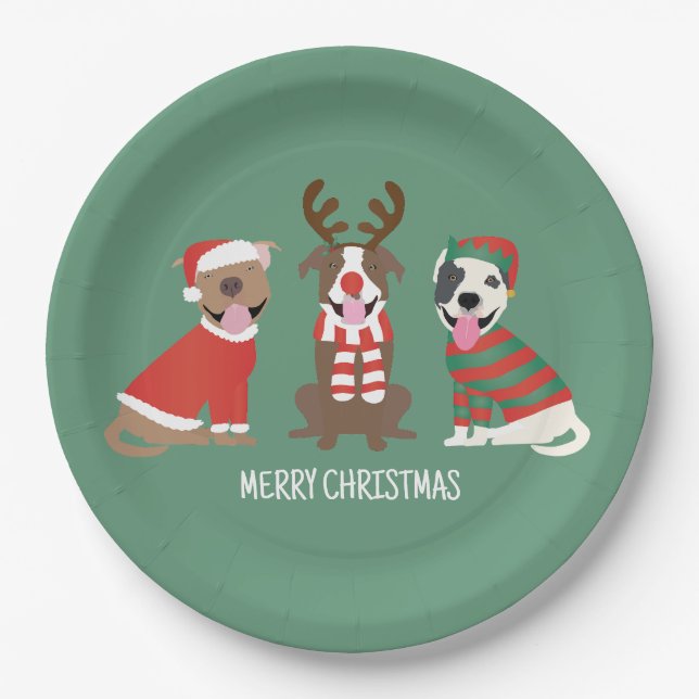 Merry Christmas Pit Bull Dogs Paper Plate (Front)