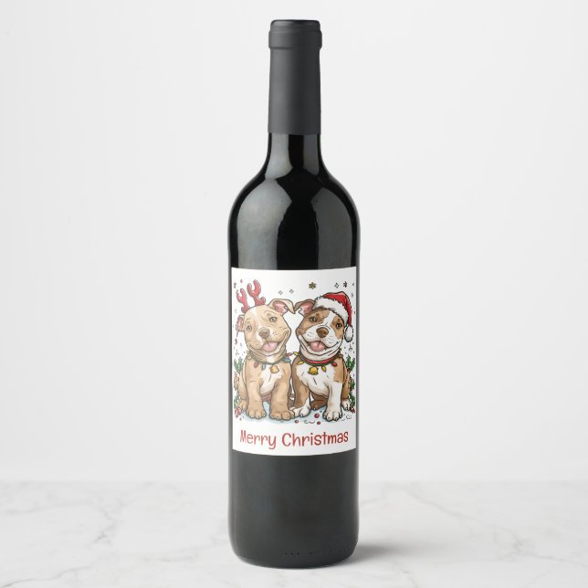Merry Christmas Pit Bull Dogs Wine Label (Front)