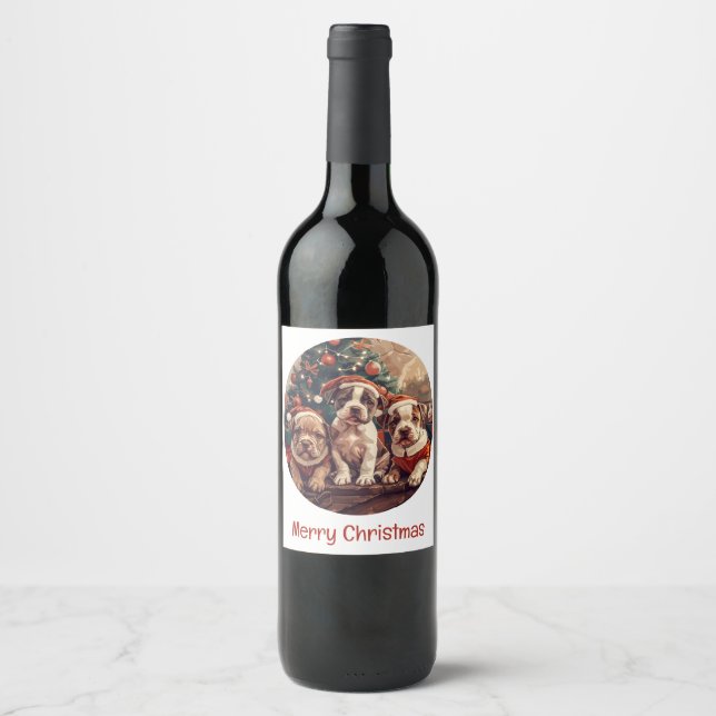 Merry Christmas Pit Bull Puppy Dogs Wine Label (Front)