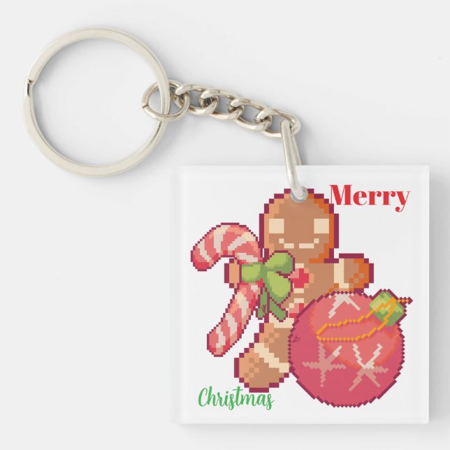 Merry Christmas Pixelart, Pixel Art Key Ring (Front)