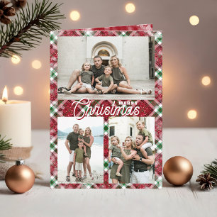 Merry Christmas Plaid 3 Photo Folded Holiday Card