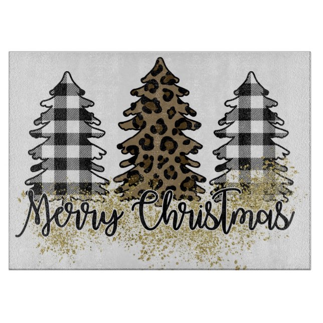 Merry Christmas plaid and leopard print trees Cutting Board (Front)