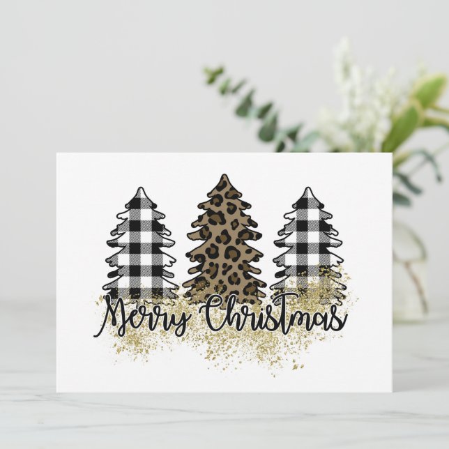 Merry Christmas plaid and leopard print trees  Holiday Card (Standing Front)