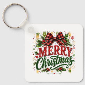 Merry Christmas Plaid Bow Key Ring