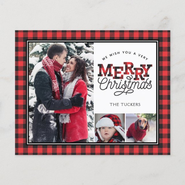 MERRY Christmas Plaid Budget 3-Photo Holiday Card (Front)