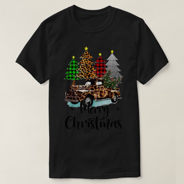 Merry Christmas Plaid Christmas Tree Leopard Truck T-Shirt (Design Front)