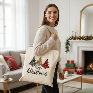 Merry Christmas Plaid Christmas Trees Tote Bag