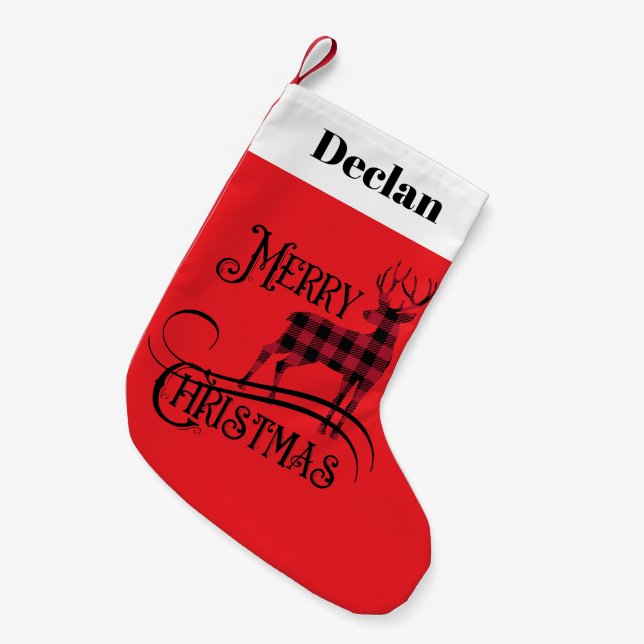 Merry Christmas Plaid Deer Small Christmas Stocking (Front (Hanging))