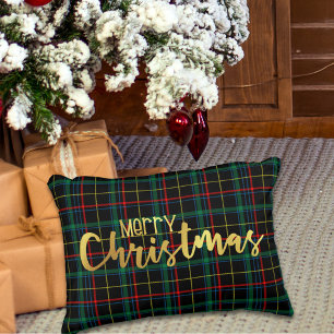 Merry Christmas Plaid Gold Metallic Decorative Cushion