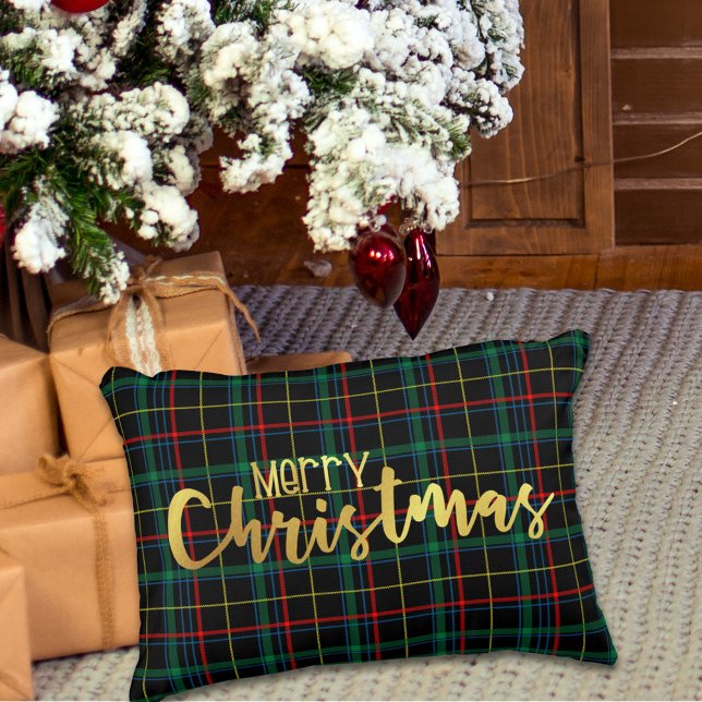 Merry Christmas Plaid Gold Metallic Decorative Cushion (Creator Uploaded)