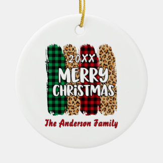 Merry Christmas Plaid & Leopard Print Family Name  Ceramic Ornament