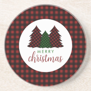 Merry Christmas Plaid Pattern Christmas Tree Coaster