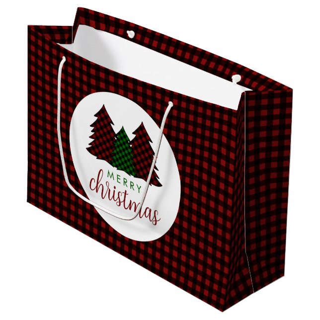 Merry Christmas Plaid Pattern Christmas Tree Large Gift Bag (Front Angled)