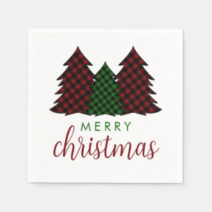 Merry Christmas Plaid Pattern Christmas Tree Napkin