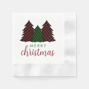 Merry Christmas Plaid Pattern Christmas Tree Napkin