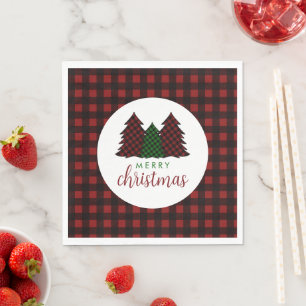 Merry Christmas Plaid Pattern Christmas Tree Napkin
