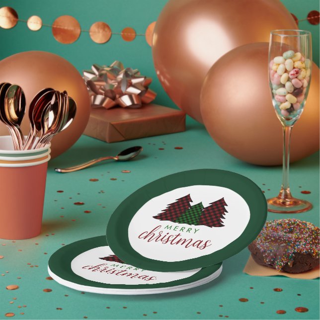 Merry Christmas Plaid Pattern Christmas Tree Paper Plate (Multi)