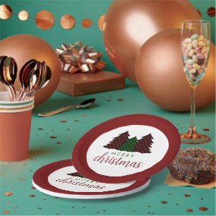 Merry Christmas Plaid Pattern Christmas Tree Paper Plate