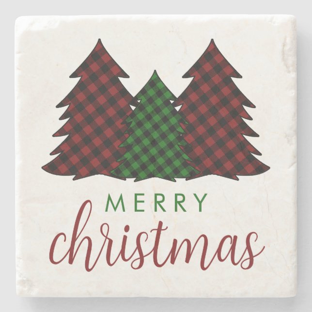 Merry Christmas Plaid Pattern Christmas Tree Stone Coaster (Front)