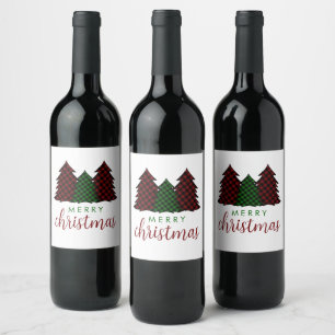 Merry Christmas Plaid Pattern Christmas Tree Wine Label