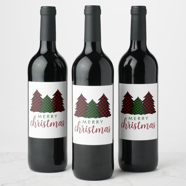 Merry Christmas Plaid Pattern Christmas Tree Wine Label (Bottles)