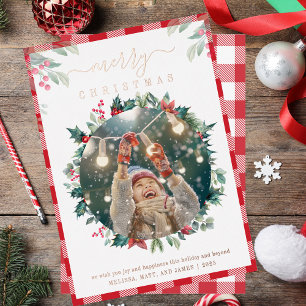 Merry Christmas Plaid Photo Botanical Foil Holiday Card