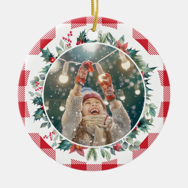 Merry Christmas Plaid Photo Mistletoe Ceramic Ornament (Front)