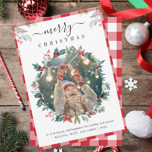 Merry Christmas Plaid Photo Mistletoe Holiday Card