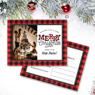 MERRY Christmas Plaid Photo Moving Announcement Postcard