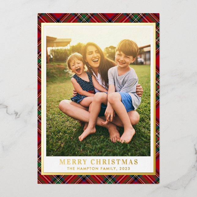  Merry Christmas Plaid Photo Stewart Tartan Gold Foil Holiday Card (Front)