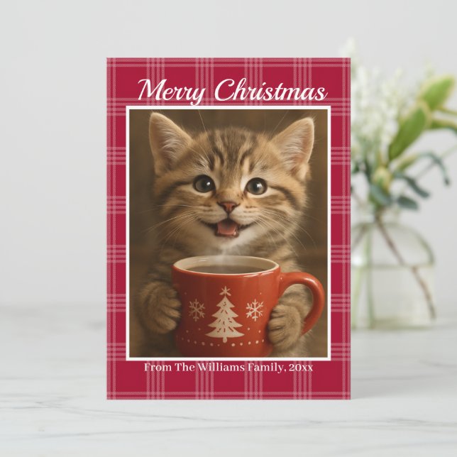 merry christmas plaid red cute kitten photo holiday card (Standing Front)