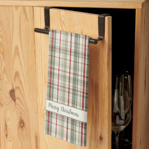 Merry Christmas Plaid - rustic green red ivory Tea Towel