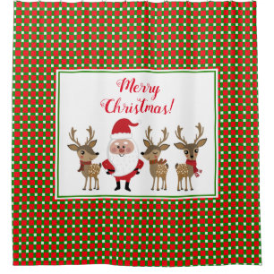 Merry Christmas Plaid Santa Reindeer Custom Cute Shower Curtain