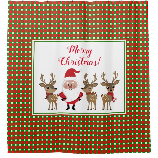 Merry Christmas Plaid Santa Reindeer Custom Cute Shower Curtain (Front)