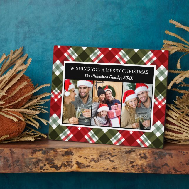 Merry Christmas Plaid Tartan Photo Collage Plaque (Side)