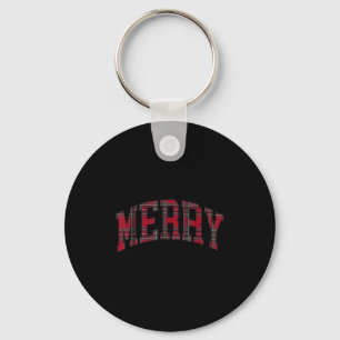 Merry Christmas Plaid Tartan Varsity Block Letter  Key Ring