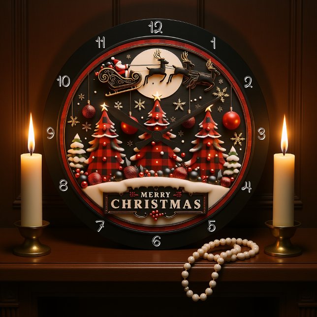 Merry Christmas Plaid Trees Santa Sleigh Large Clock (Creator Uploaded)