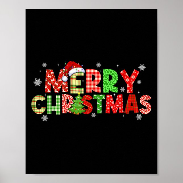 Merry Christmas Plaid Xmas Tree Santa Hat Men Wome Poster (Front)