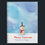 Merry Christmas Planner Snowman Waving And Smiling Notebook<br><div class="desc">A notebook with a cute snowman illustration. He is wearing a black stovepipe hat, holding a classic corn cob pipe, and wearing a red scarf. Standing in the cold white snow smiling and waving hello. The background is composed of a watercolor sky with blue and purple colours blending and mingling...</div>
