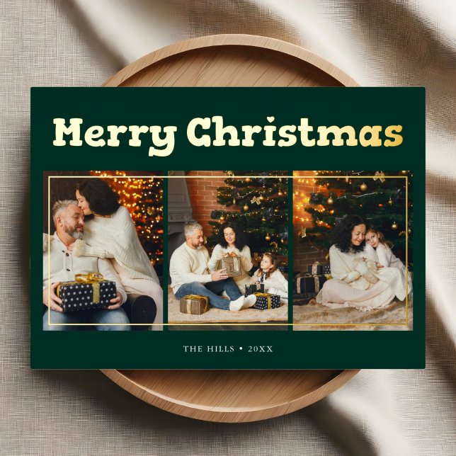 Merry Christmas Playful Photo Green Foil Holiday Card (Creator Uploaded)