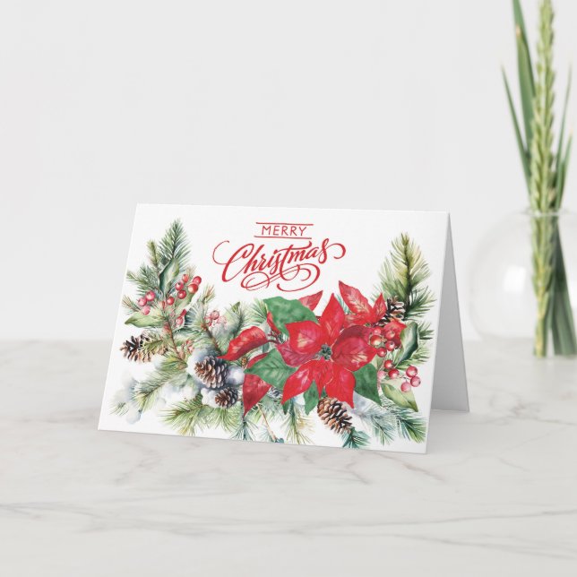 Merry Christmas - Poinsettia, Boughs, Berries Card (Front)